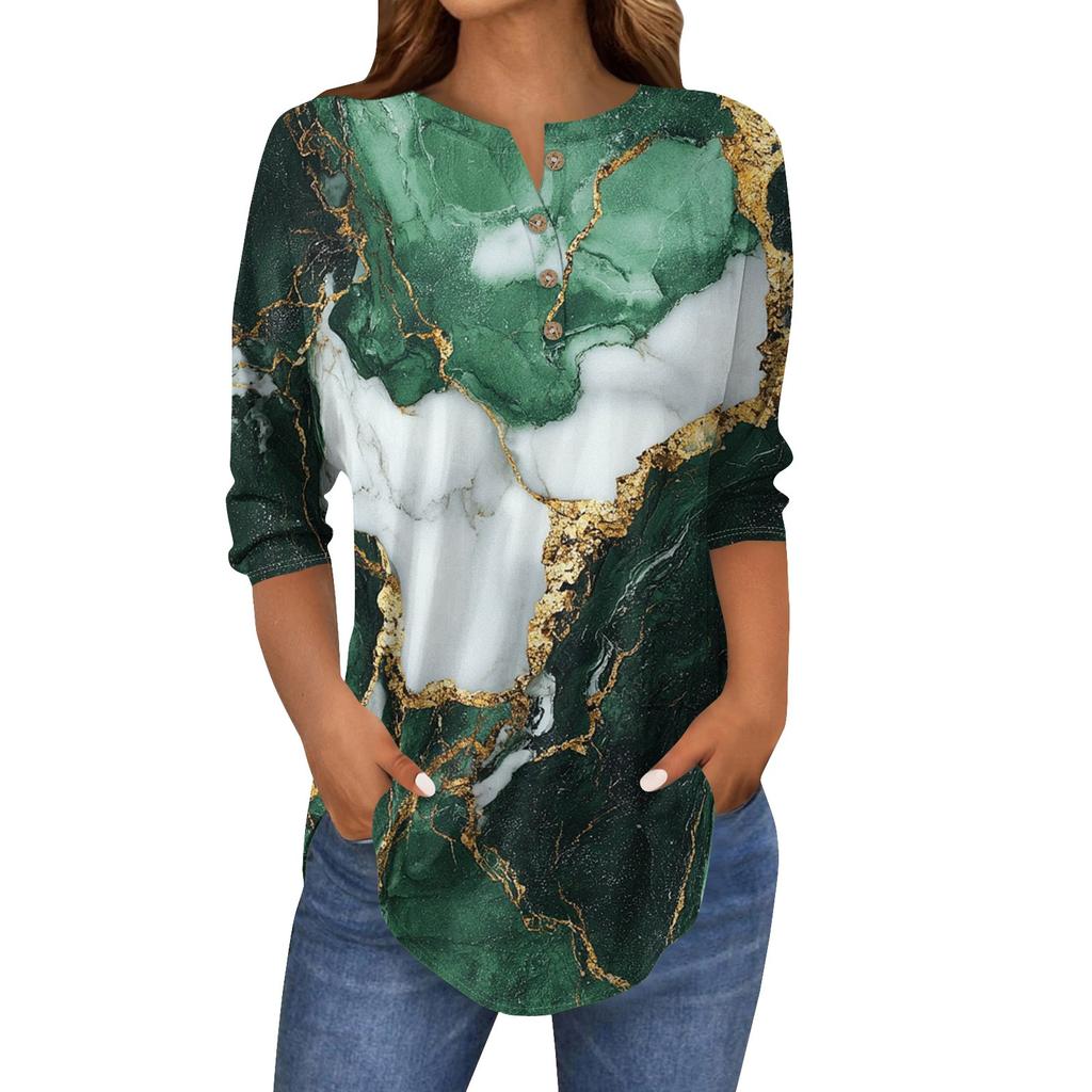 3/4 Length Sleeve Womens Tops Summer T-Shirts Floral Print V Neck Casual Basic Tee Button Shirts Tunic Tops