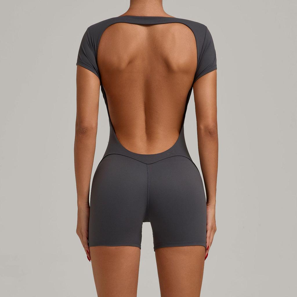 European & American Backless Peach Hip Tight Yoga One-Piece - Short Sleeve for Dance, Fitness & Sports
