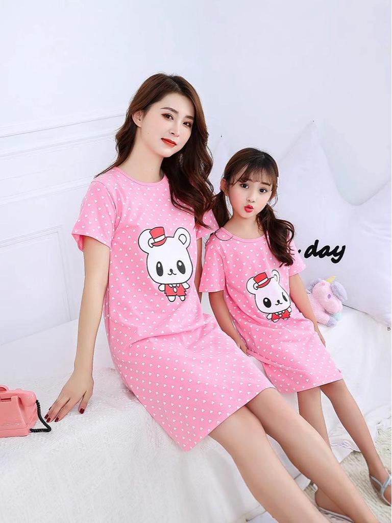 Girls' Summer Cartoon Short Sleeve Pajamas - Cute Parent-Child Cotton Nightdress