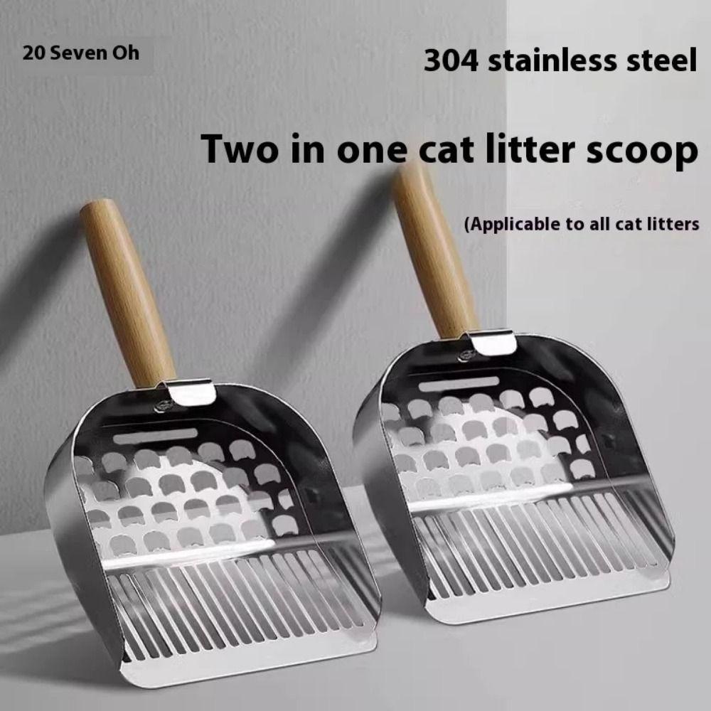 2 in 1 Pet Waste Shovel Wood Handle Toilet Garbage Picker Sturdy Litter Box Scooper For Puppy