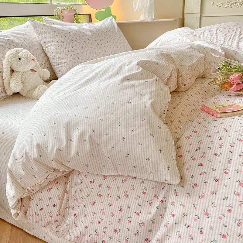 Небольшой комплект из четырех предметов из чистого хлопка с цветочным принтом, хлопковые пододеяльники с девчачьим сердцем, простыни для студентов, односпальная кровать в общежитии, комплект из трех пододеяльников