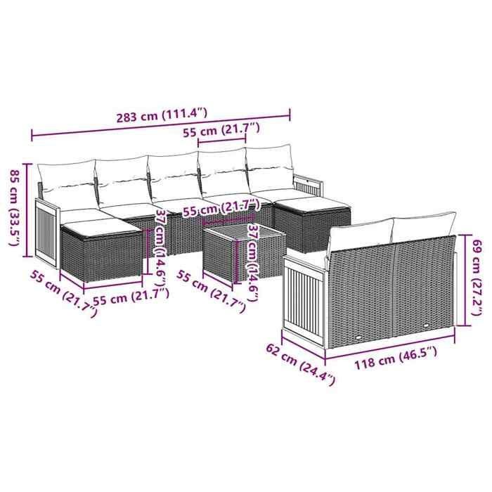 VidaXL Salon de Jardin avec Coussins 10 pcs, Canapés de Patio, Ensemble de Meubles, Mobilier de Terrasse Extérieur, Noir 3260487