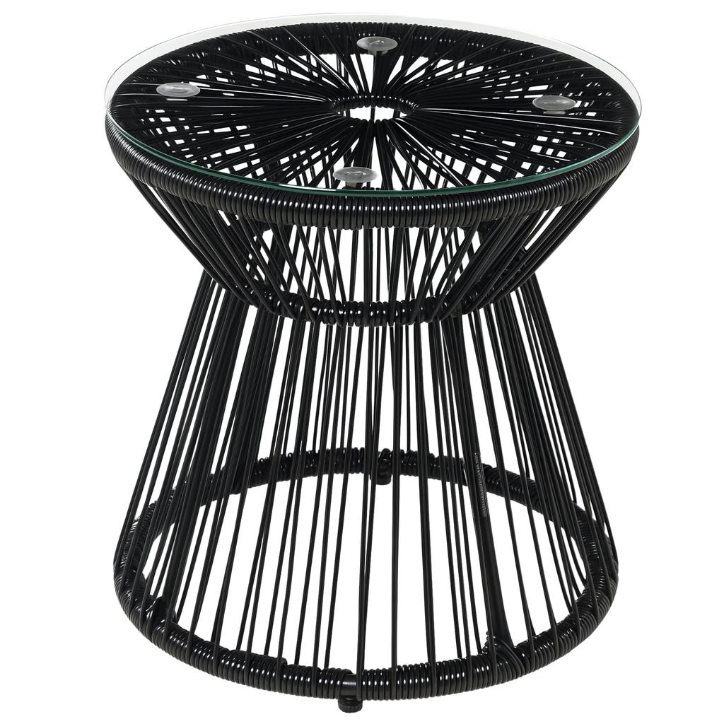Round End Table, Rattan Side Table, Hollow Drum Design Coffee Table w/ Glass Tabletop for Patio, Garden, Balcony Black