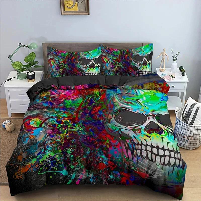 Skull Duvet Cover King, Halloween Comforter Cover,Gothic Fog Smoke Skull Skeleton Bedding Set,Grey Quilt Cover Room Decor