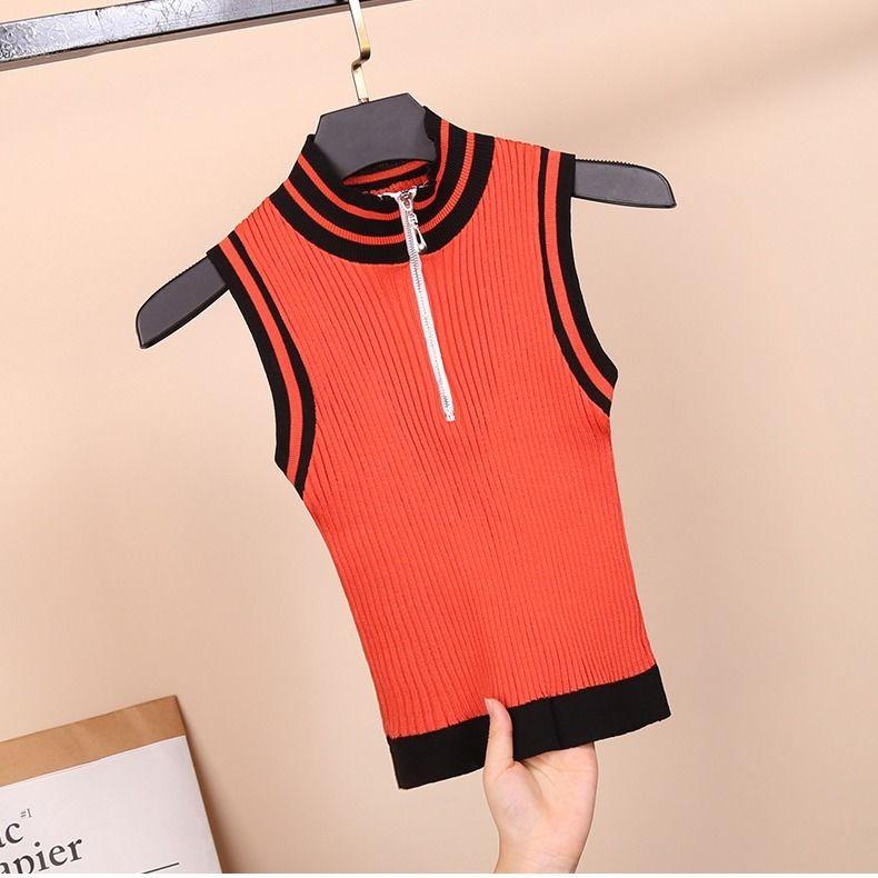 Укороченный вязаный жилет Женская верхняя одежда Базовый слой Водолазка На молнии Приталенный С высокой талией Слимминг Без рукавов Топ