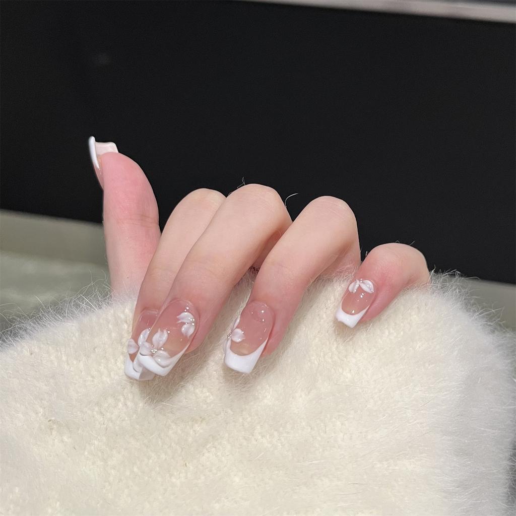 10PCS Nude False Nails with White French Tip Design Natural Look Artificial with Flower Decor for Women Salon Party Wedding