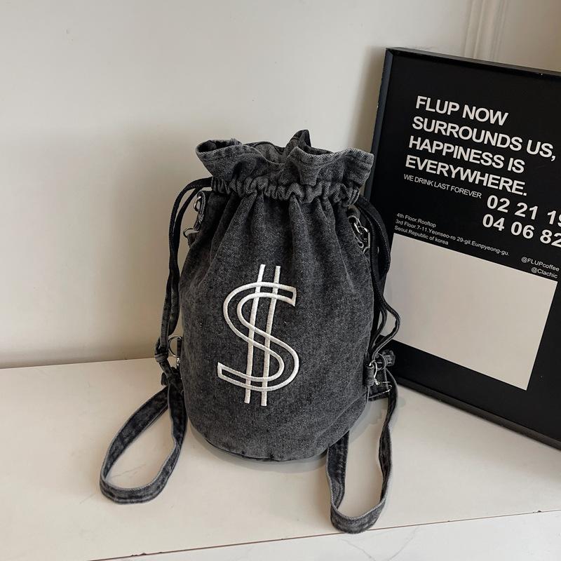 Fashionable Embroidered Drawstring Bucket Bag New Textured Washing Denim Money Bag Multipurpose Shoulder Bag