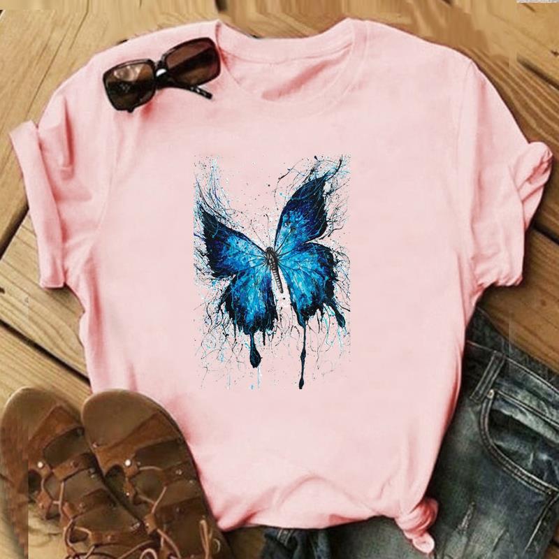 Butterfly Lovely Tee Top Fashion T Shirt 90s Sweet Trend Clothing Casual Short Sleeve Women Print Lady Female Graphic T-shirt