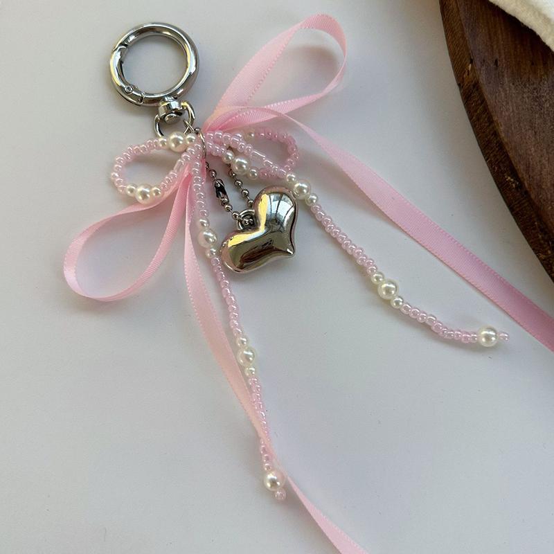 Imitation Pearl Bow Key Ring Ribbon Beaded Keychain Korean Style Hanging Accessories Y2K Heart Bag Pendant School