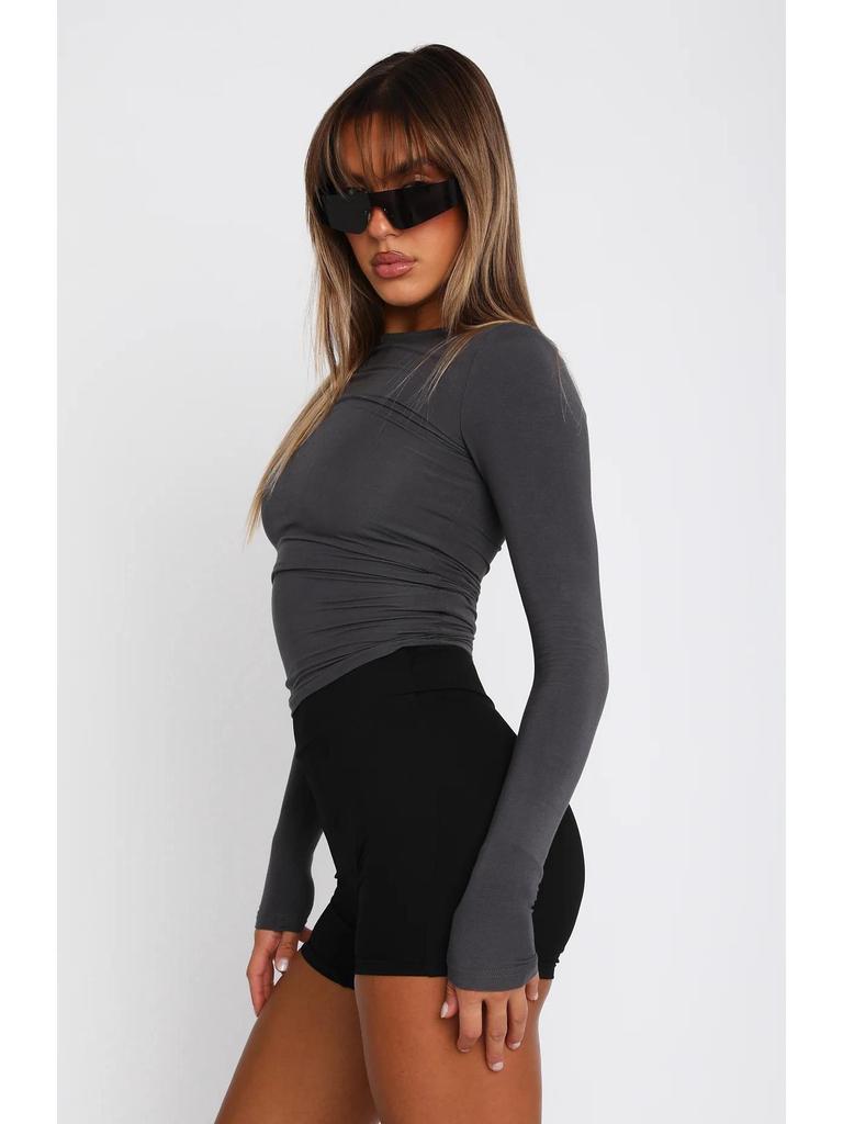 Женская повседневная однотонная обтягивающая футболка с длинным рукавом и круглым вырезом