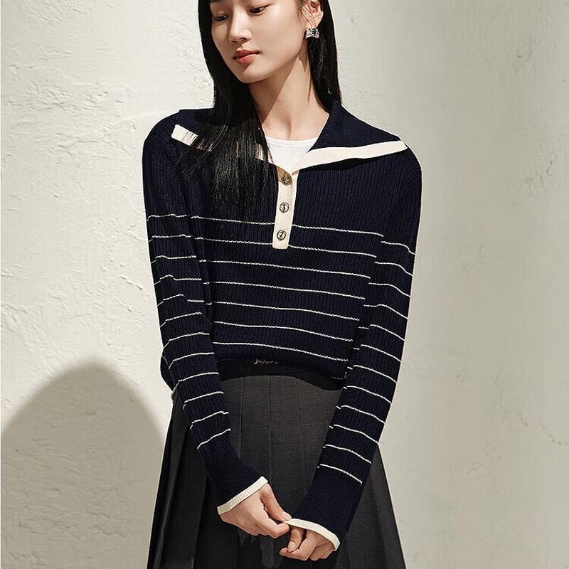 JUZI Annakou Women's Retro Striped Navy Collar Wool Knit Sweater
