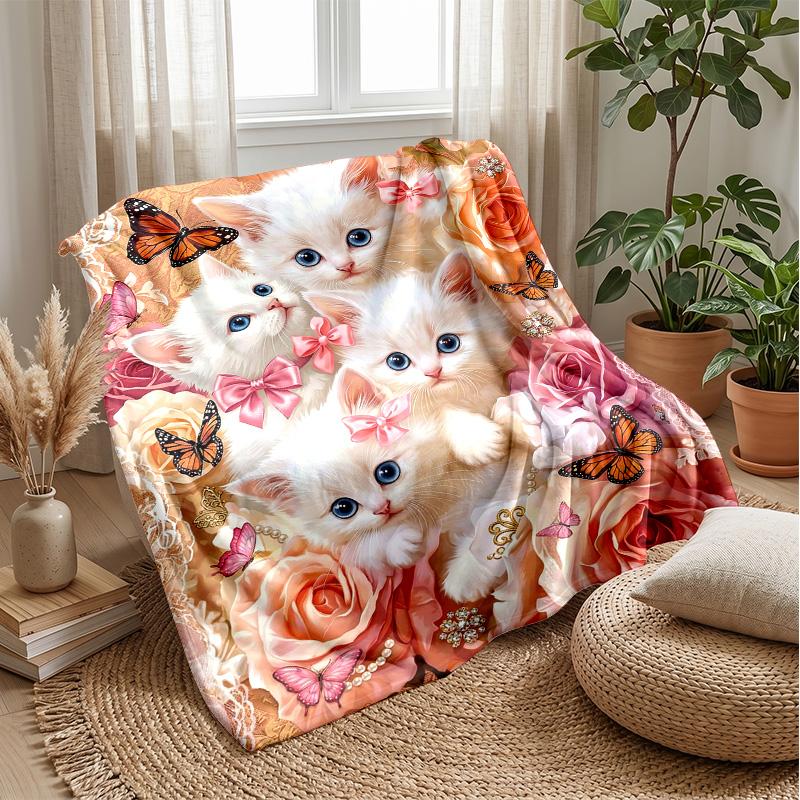 Floral Kittens Dreamscape Theme blanket Lightweight Warm Flannel Blanket Decorative Throw Blanket for Home Decoration