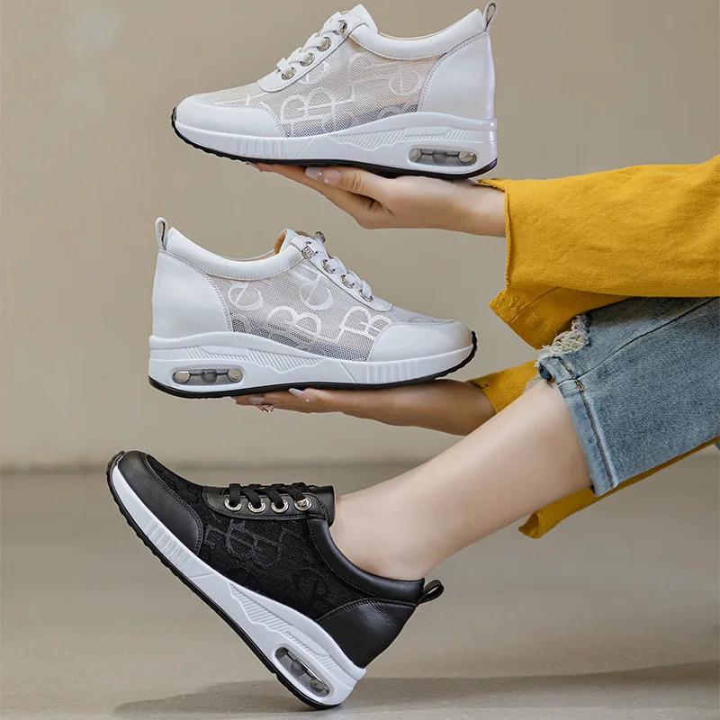Женские босоножки на танкетке с блочным каблуком, сетчатая поверхность, женская обувь, дышащая повседневная обувь, кроссовки для тенниса на шнуровке, толстая подошва, каблук 6 см