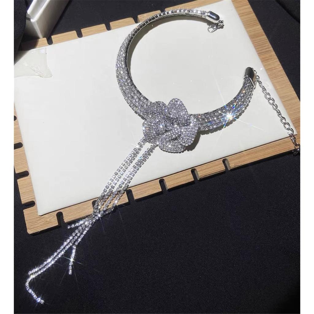 Tooxika Full Diamonds Multi-layer Flash Diamond Flowers Tassel Collar Light Luxury Bridal Wedding Dinner Necklace Women