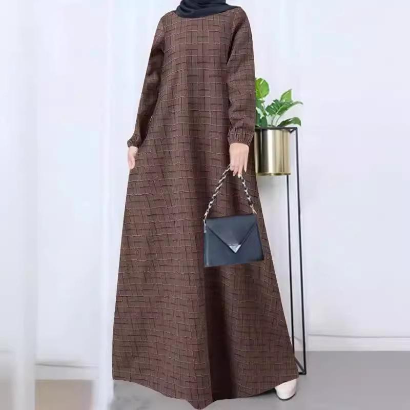 In-Stock Women's Cotton Linen Plaid Long Sleeve Maxi Dress - Casual Loose-Fit for Spring/Autumn