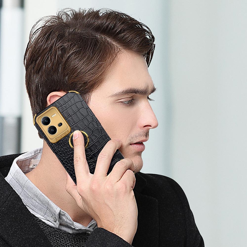 Для vivo V25 5G Чехол с текстурой крокодила, гальваническое покрытие, кольцо-подставка, ТПУ чехол для телефона с покрытием из ПУ кожи
