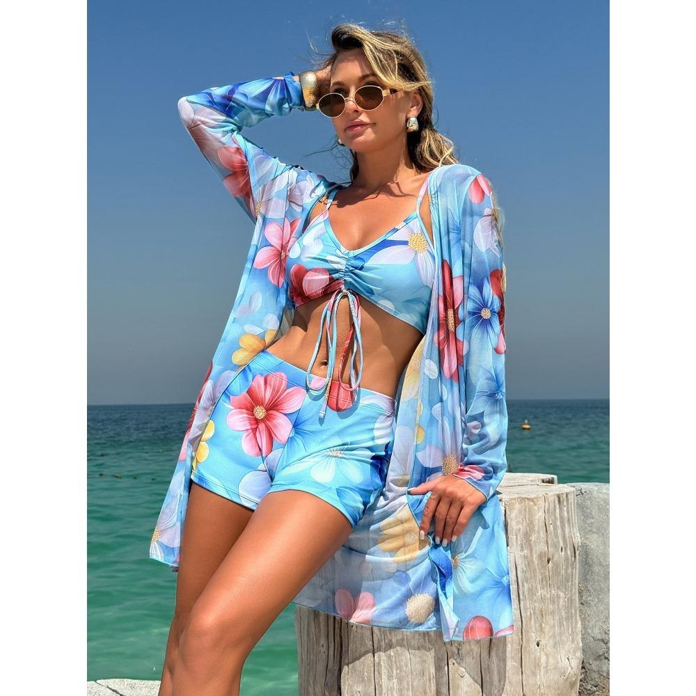 Женский трехсекционный комплект бикини с шортами-бойфрендами, модный купальник с бантом и пляжным парео