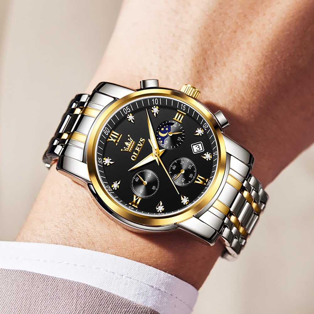Часы OLEVS, кварцевые, водонепроницаемые, с подсветкой, дата, нержавеющая сталь, мужские, фазы Луны, простые, модные, мужские, черные