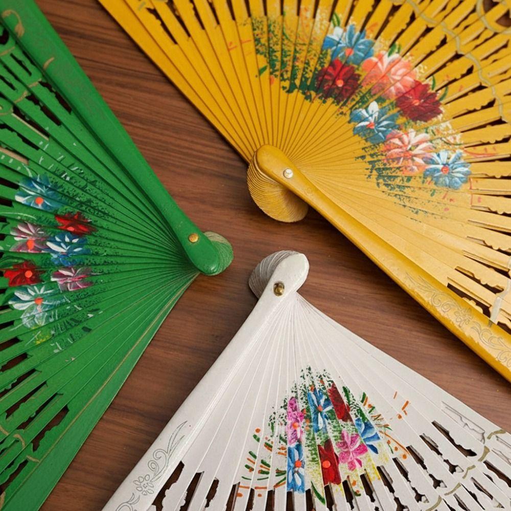Colorful Hand Painted Fan Wooden Chinese Vintage Fan Portable Spanish Wood Fan Home Decor