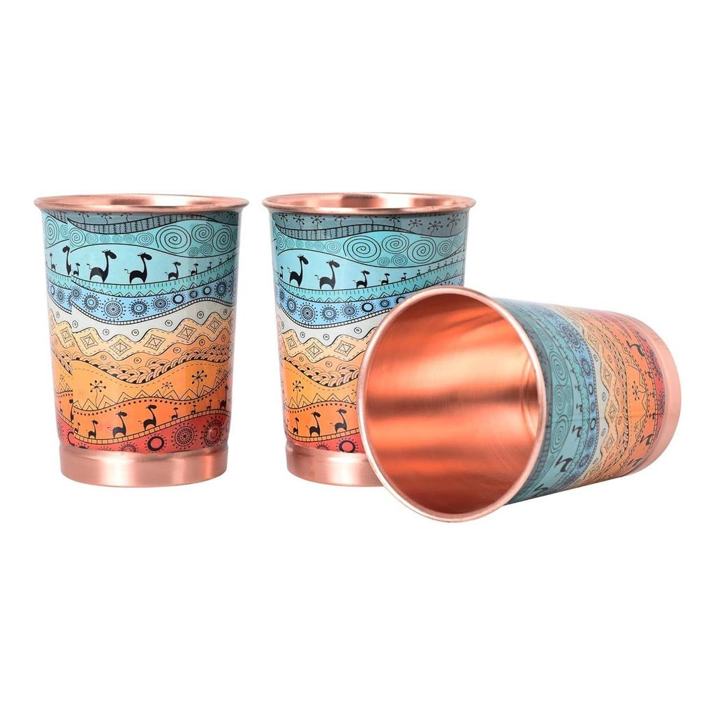 Copper Printed Design 250ML Water Glass with Rust Proof Protection for Home and Office Use Ayurveda and Yoga Health Benefits Glass Set of 6