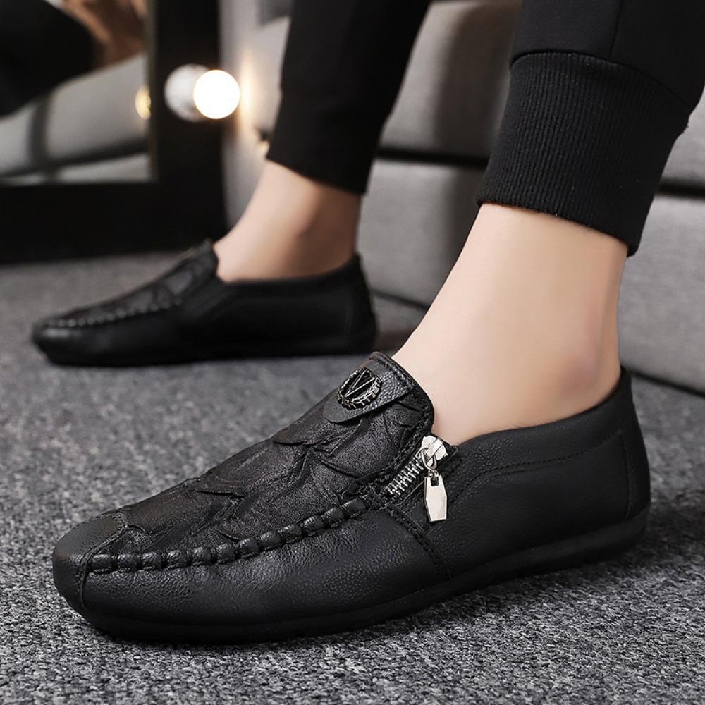 Fashion Men's Shoes Fashion Zippered Casual Leather Shoes Luxury Soft Soled Driving Shoes Designer Loafers Men Leather Half Slippers