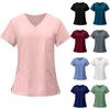 Women's Fashion Solid Short Sleeve V Neck Pattern Tops Pocket Working T-shirts