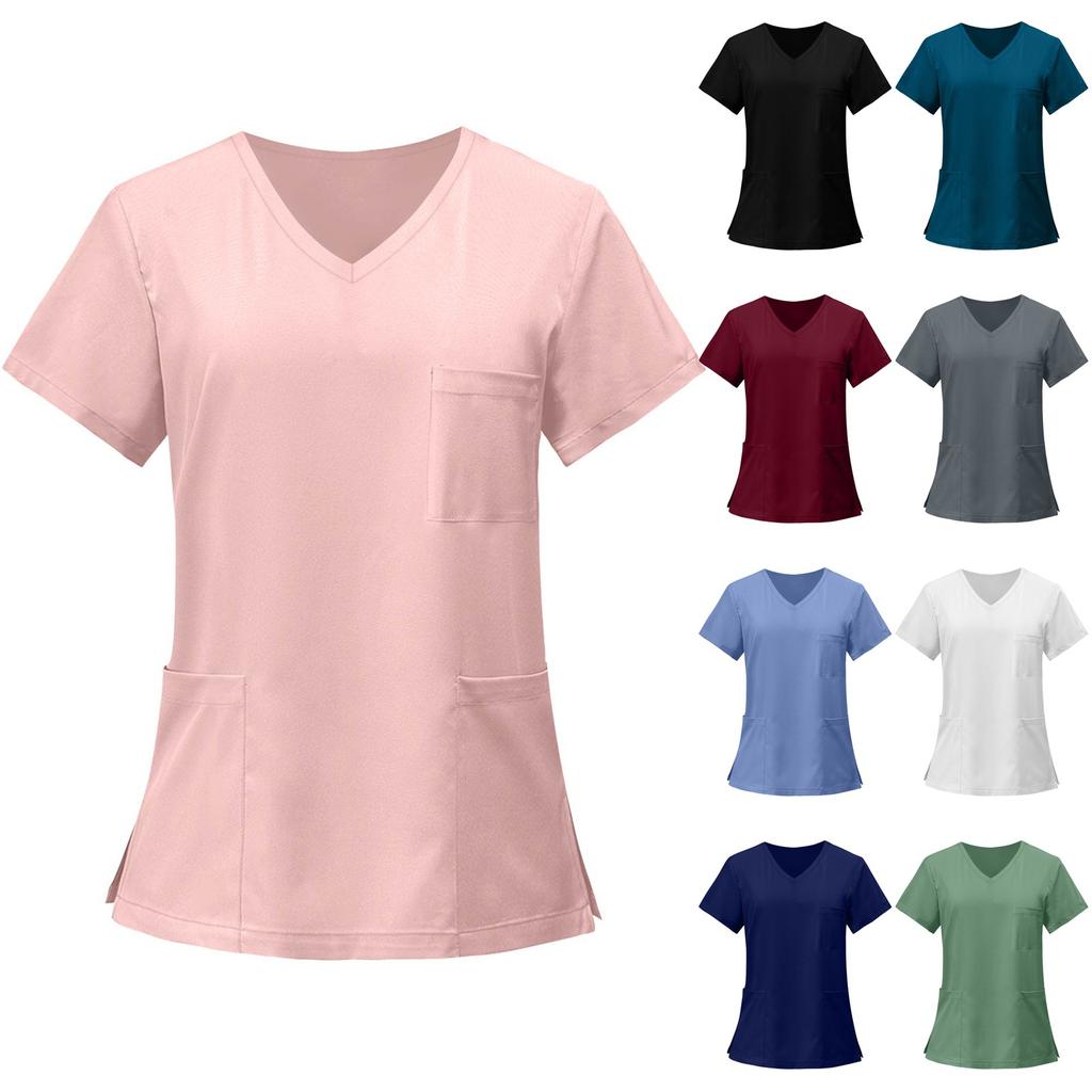 Women's Fashion Solid Short Sleeve V Neck Pattern Tops Pocket Working T-shirts