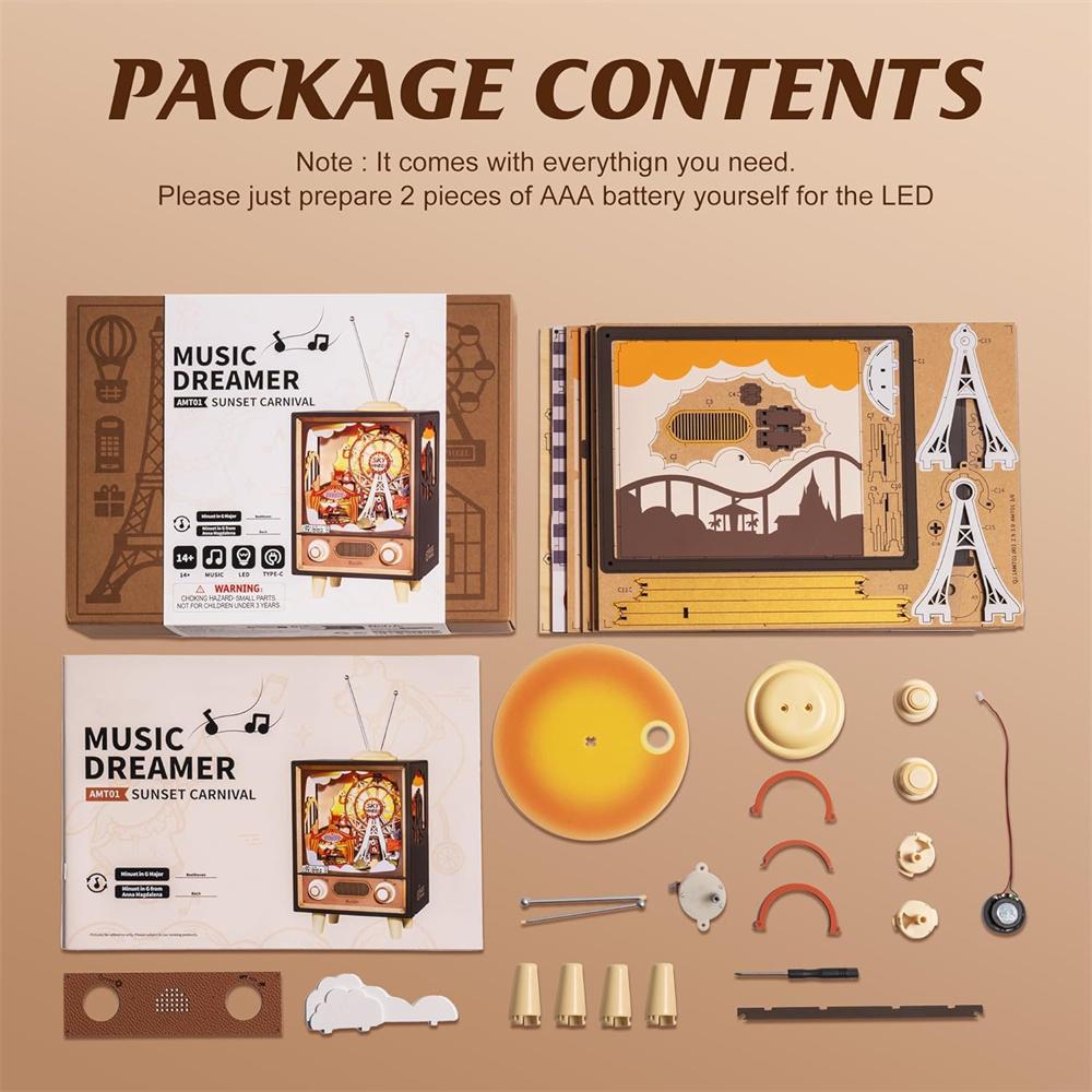 Robotime Wooden Music Box 3D Puzzles DIY Model Kits Book Nook DIY Night Light for Men Women Hobby Sunset Amusement Park