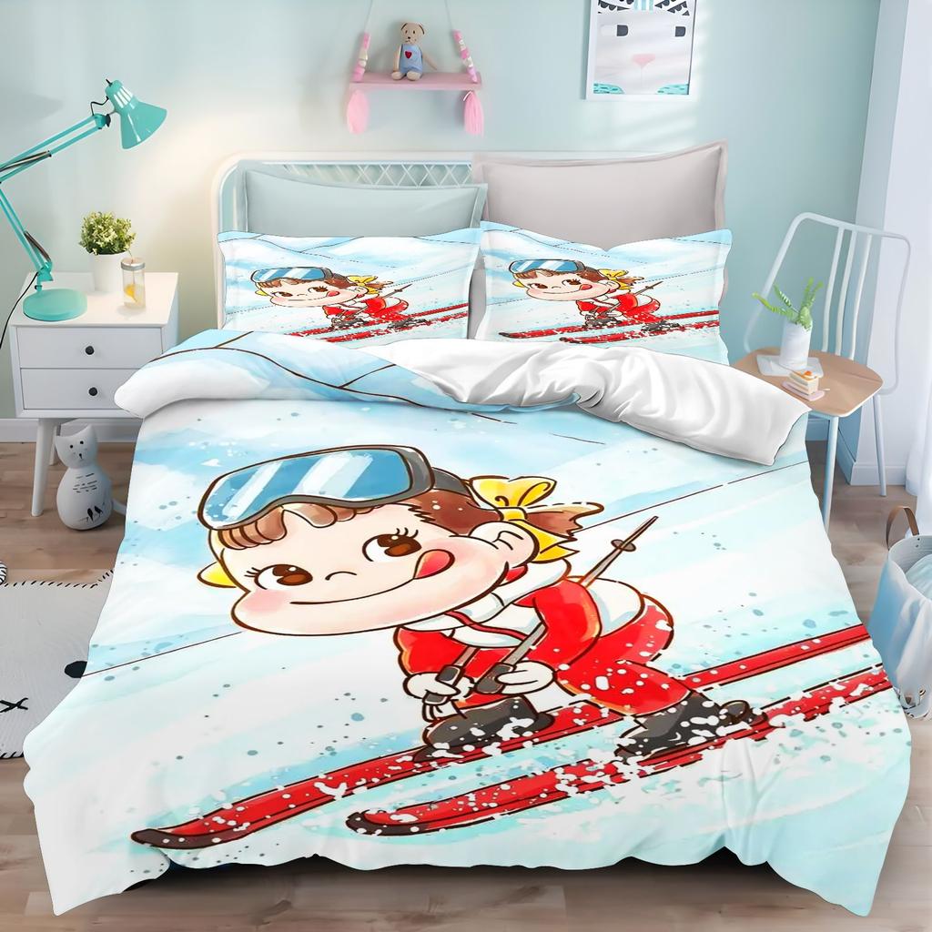 Fujiya Peko Chan 3D Print Bedding Set, Cute Japanese Cartoon Duvet Cover with Pillowcases, Kids Girls Bedroom Decor Bedding