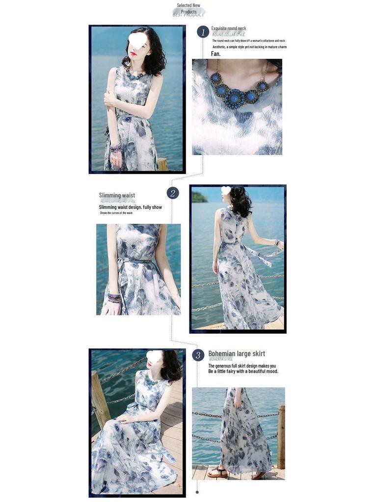 2023 Summer Sleeveless Milk Silk Sundress: Slim, Long Beach Holiday Dress with Round Neck.