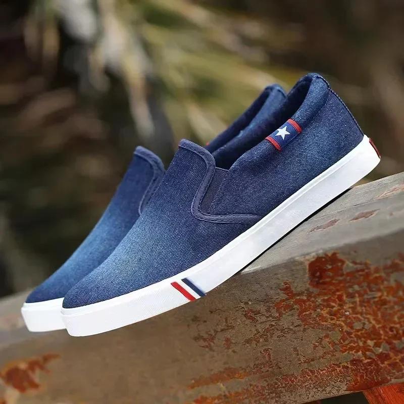Fashion Denim Men's Canvas Shoes Slip-On Sneakers Male Flats Breathable Loafers for Men  Summer Trainers Light Black Shoes Footwear