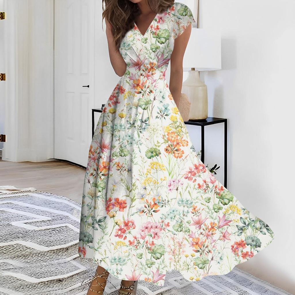 Женское длинное платье Макси-платье Повседневное платье Летнее повседневное платье с короткими рукавами и v-образным вырезом в стиле бохо с талией и принтом
