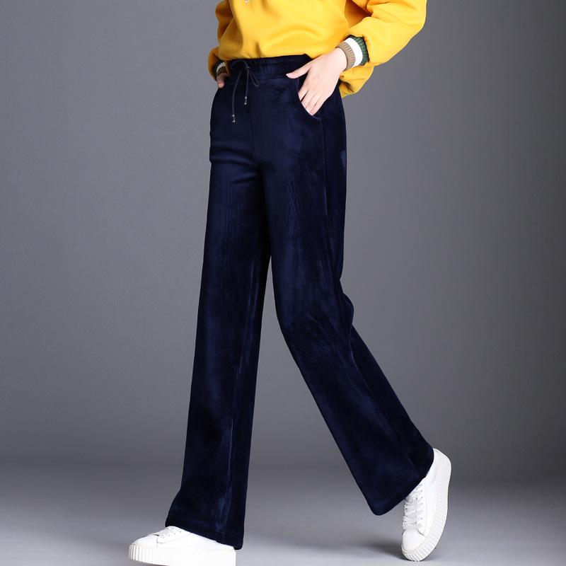 2023 Женские брюки больших размеров с высокой талией и широкими штанинами из золотого бархата на флисовой подкладке - Коллекция Осень/Зима