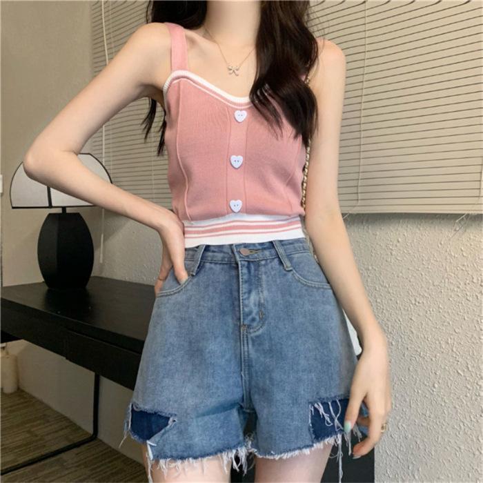 Женский контрастный жилет Love Button Camisole Vest - летний трикотажный укороченный топ 2024 года