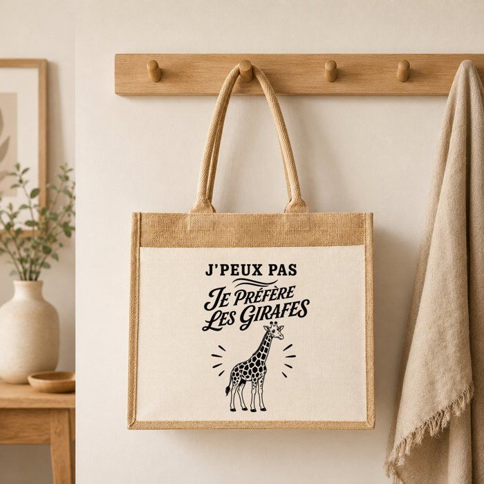 Sac cabas - PLANETEE - J'peux pas je préfère les Girafes - Toile de jute et coton - 21 L - Beige