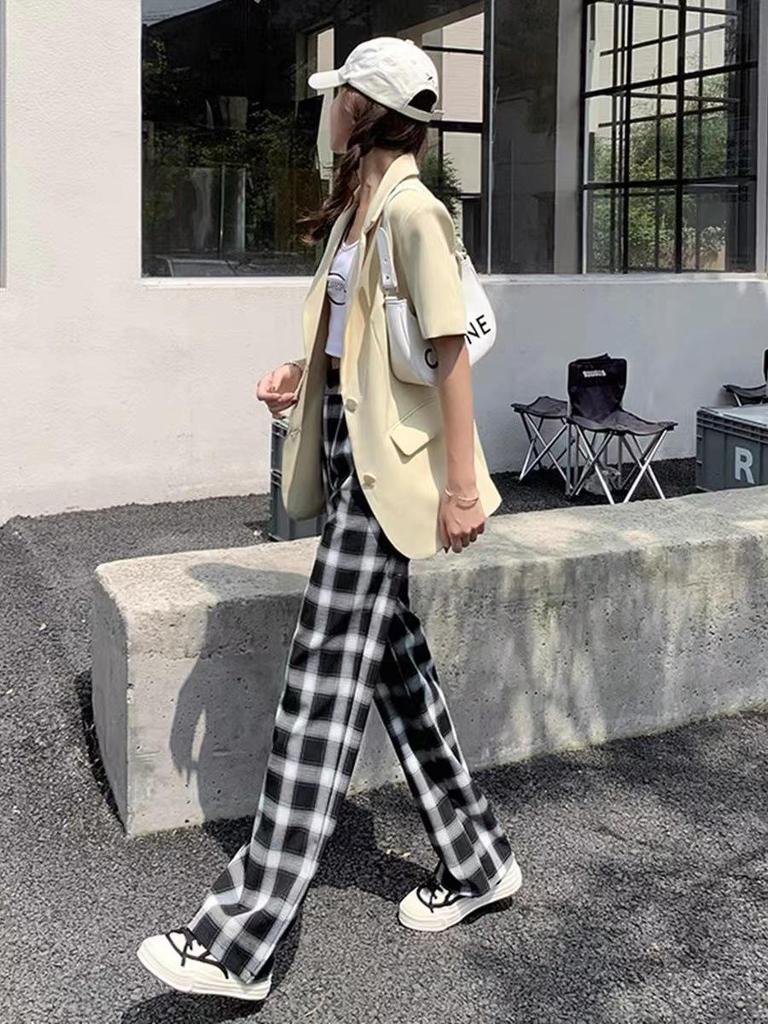 Women's High-Waisted Fleece-Lined Wool Plaid Wide-Leg Pants