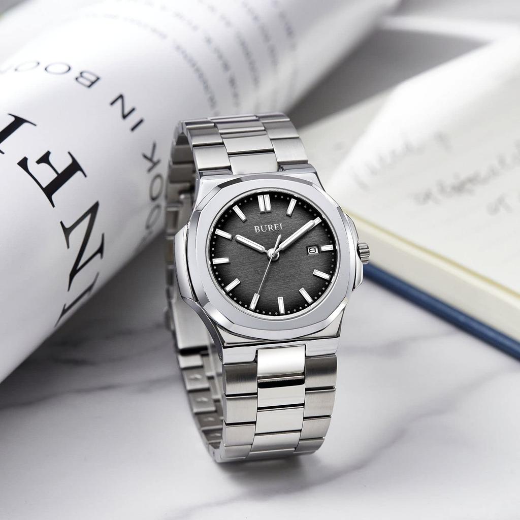 Мужские аналоговые кварцевые часы BUREI, Простой дизайн, Водонепроницаемые, Черные, Популярные, Стильные, Для джентльменов, Деловые, Повседневные, Люминесцентные, Размер S