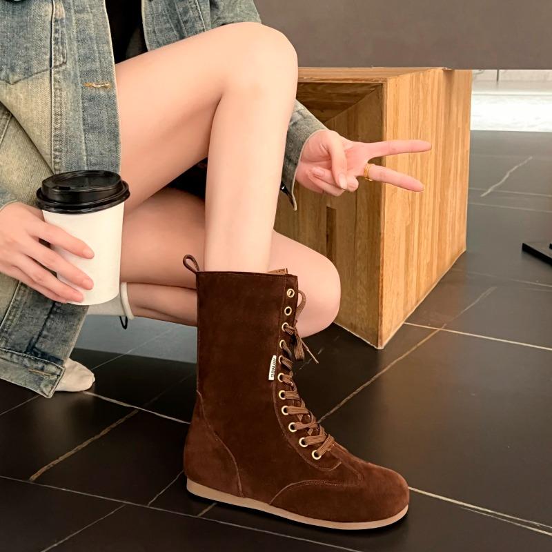 Ladies' High-top Flat Lace Long Boots In Solid Color, Anti-suede Round Toe, Anti-slip and Comfortable Classic Denim Boots