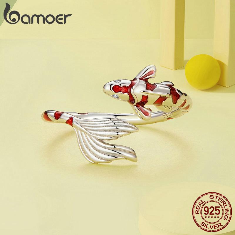 Bamoer Серебро 925 пробы Красная эмаль Карп Открывающееся кольцо Хвост счастливой рыбы Регулируемое кольцо для женщин Подарок на день рождения Изящные украшения