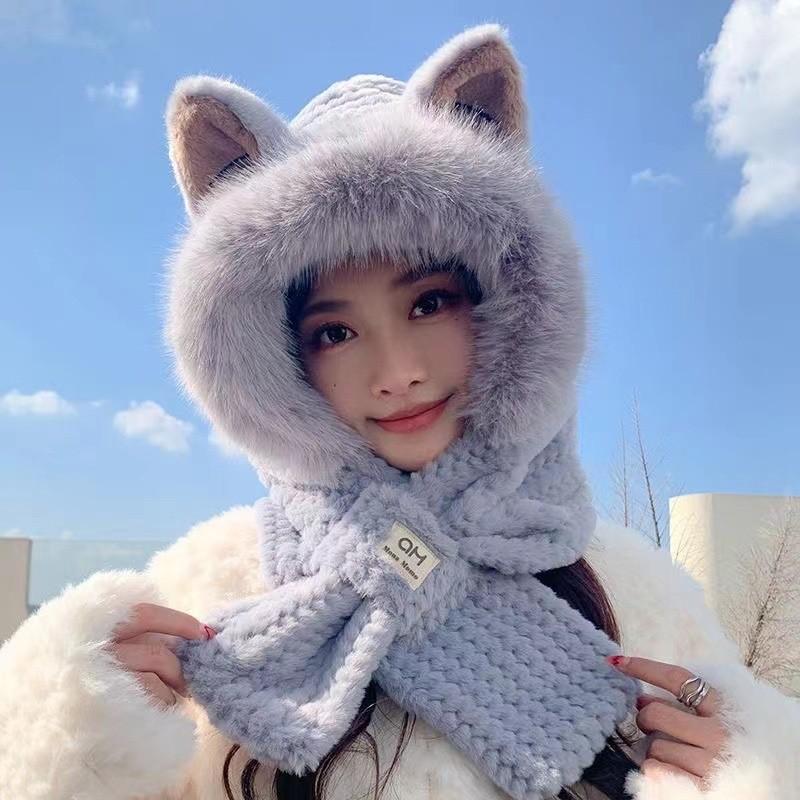 Hat Cute Winter Fox Ears Scarf Thickened Integrated Scarf Plush Winter Warm Ear Protection Autumn and Winter