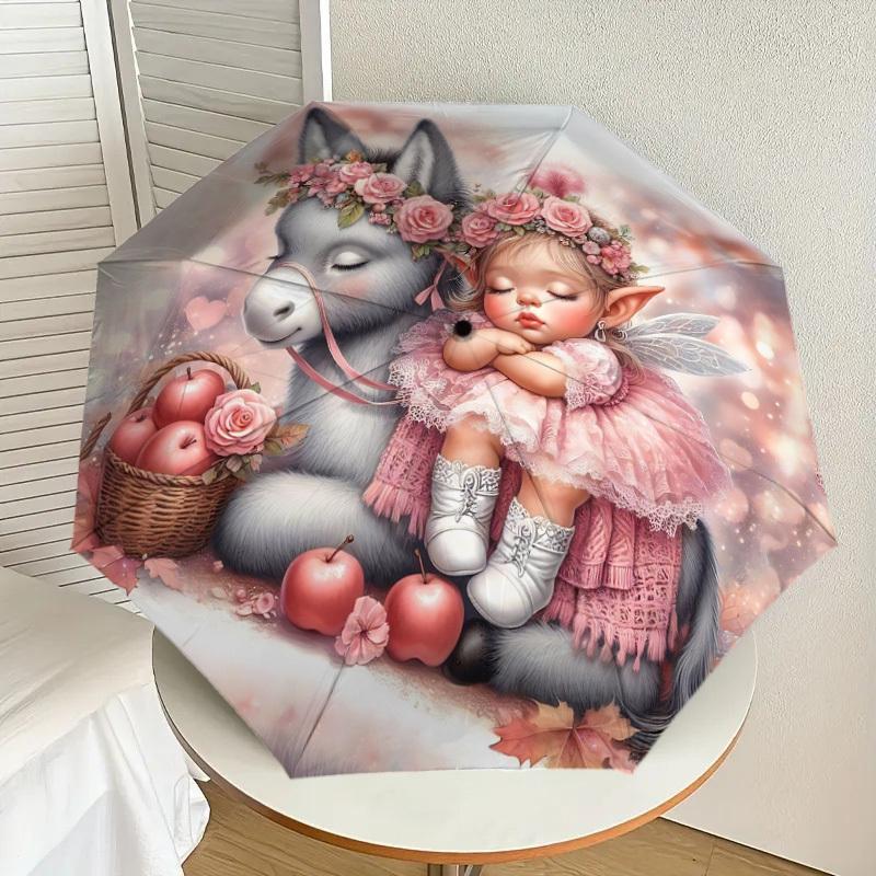 1pc fairy donkey Automatic Open/Close Umbrella with Windproof, 8-Rib Sturdy Canopy, Durable Ribs, Fashionable Design1141A