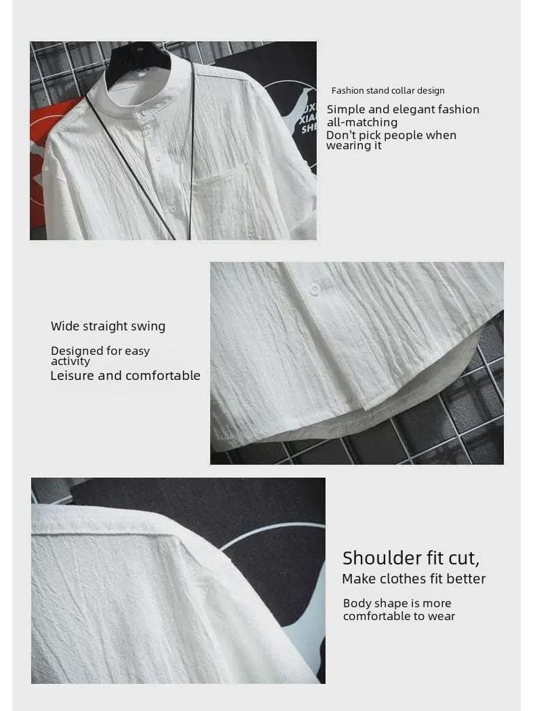 Мужская рубашка больших размеров в японском стиле с воротником-стойкой и короткими рукавами, однотонная