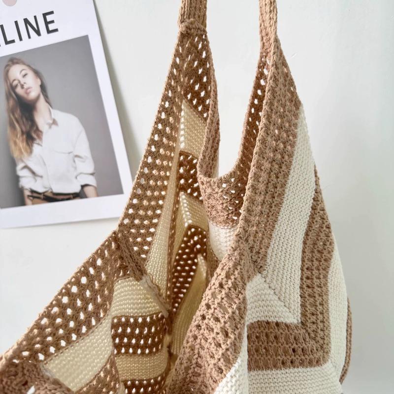 Woven mesh pocket women's large-capacity new hollow knitted relaxation seaside vacation tote shoulder backpack