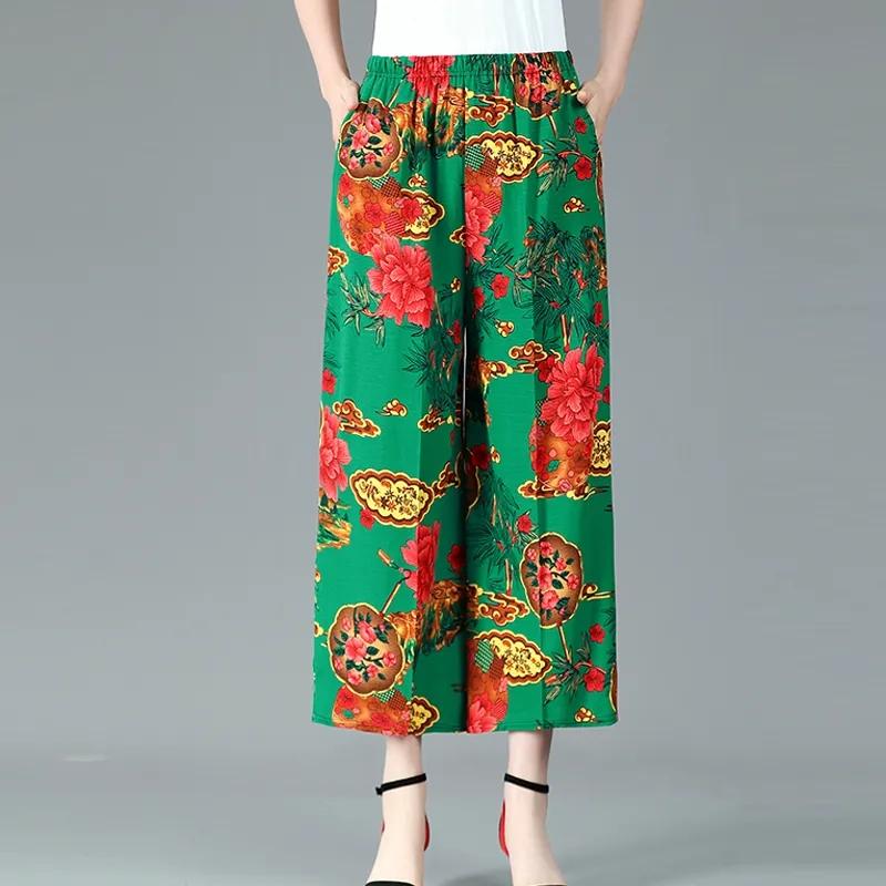 WTEMPO Женские широкие брюки из смеси хлопка и конопли большого размера, тонкие укороченные брюки с высокой талией и эластичным принтом для мамы