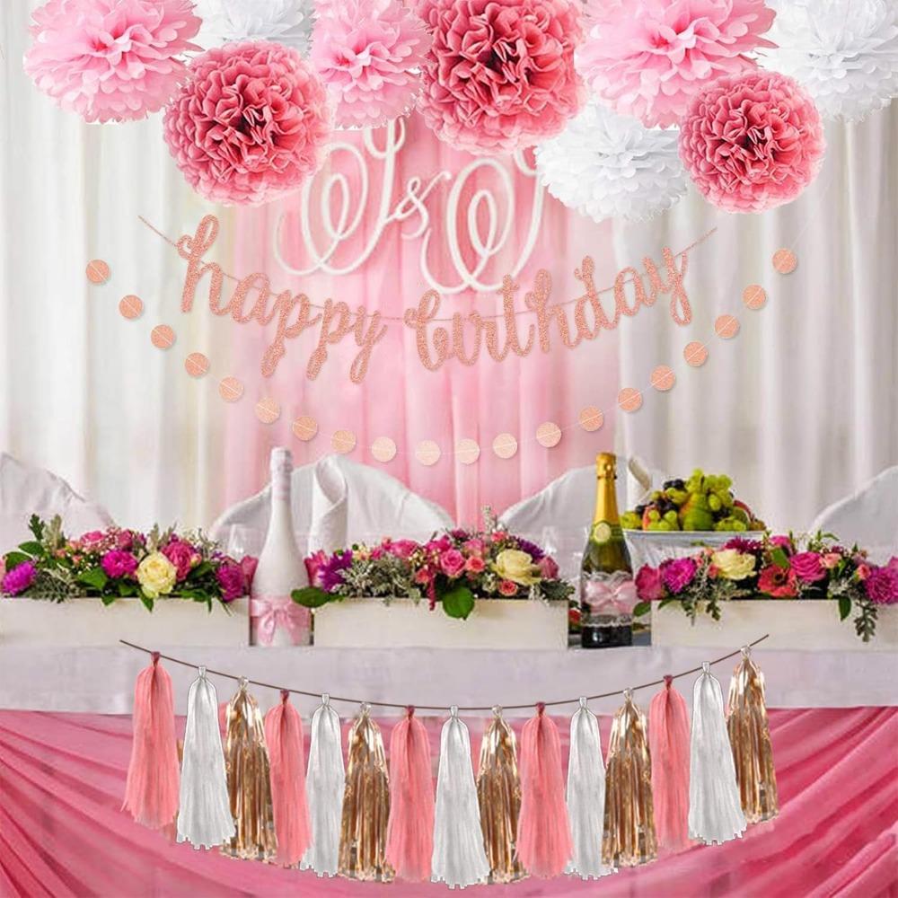 14 шт. набор украшений для вечеринки розового цвета с блестками, с днем рождения, бумажные помпоны, круги, точки и гирлянды с кисточками