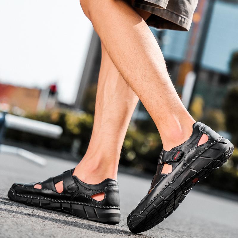 Мужские сандалии ручной работы, уличные сандалии, летние мужские сандалии из натуральной кожи в сетку в стиле ретро, повседневные пляжные сандалии