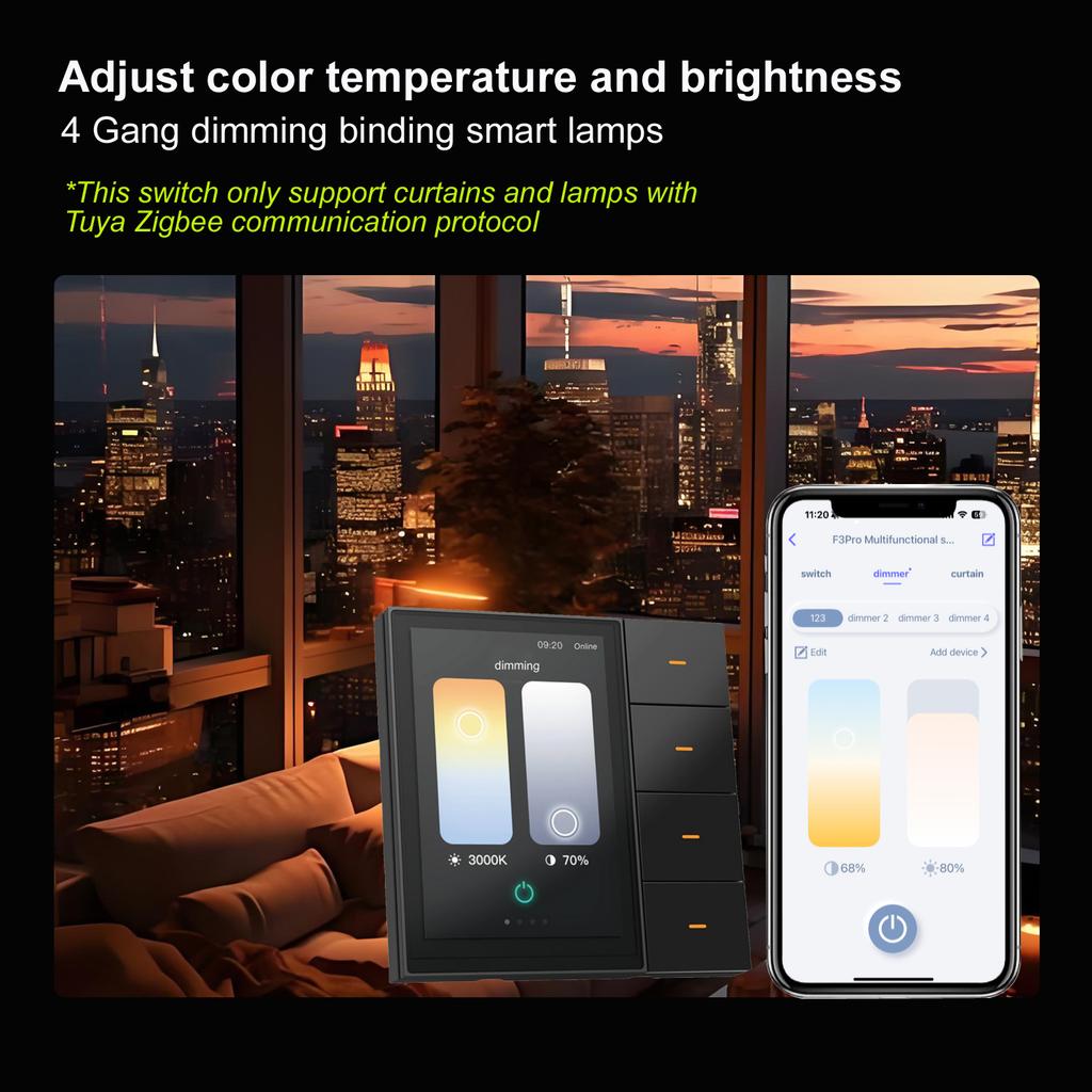 Tuya 4 Gang Zigbee Smart Home Product Wall Switch with Touch Screen Display App Control Panel Hotel Support Google Alexa F3 Pro