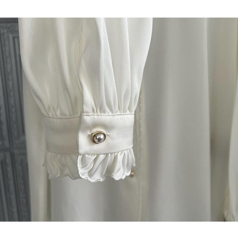 Весенне-осенняя элегантная блузка из искусственного шелка, женская новая однотонная повседневная блузка, свободный белый топ с воротником-стойкой и рюшами, топ с длинными рукавами