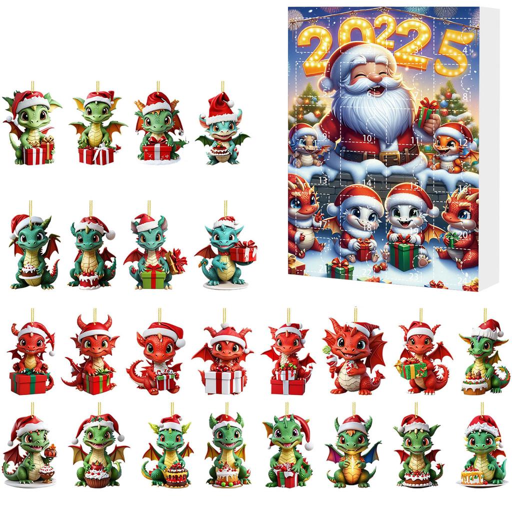 24-Days Christmas Tree Decorations with Santa Hats Cute Dragon Countdown Calendar Mini Xmas Tree Dragon Pendant for Home Decor