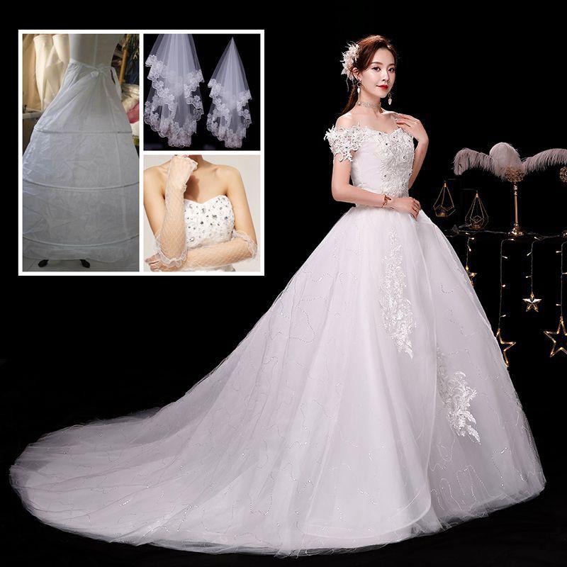 Elegant Off-Shoulder Satin Wedding Dress With Long Train Slim Fit Korean Style Vintage Bridal Gown Plus Size Brides